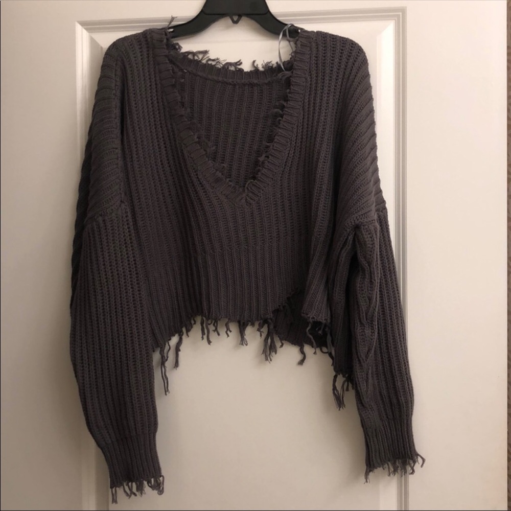 Cropped Distressed Gray Sweater